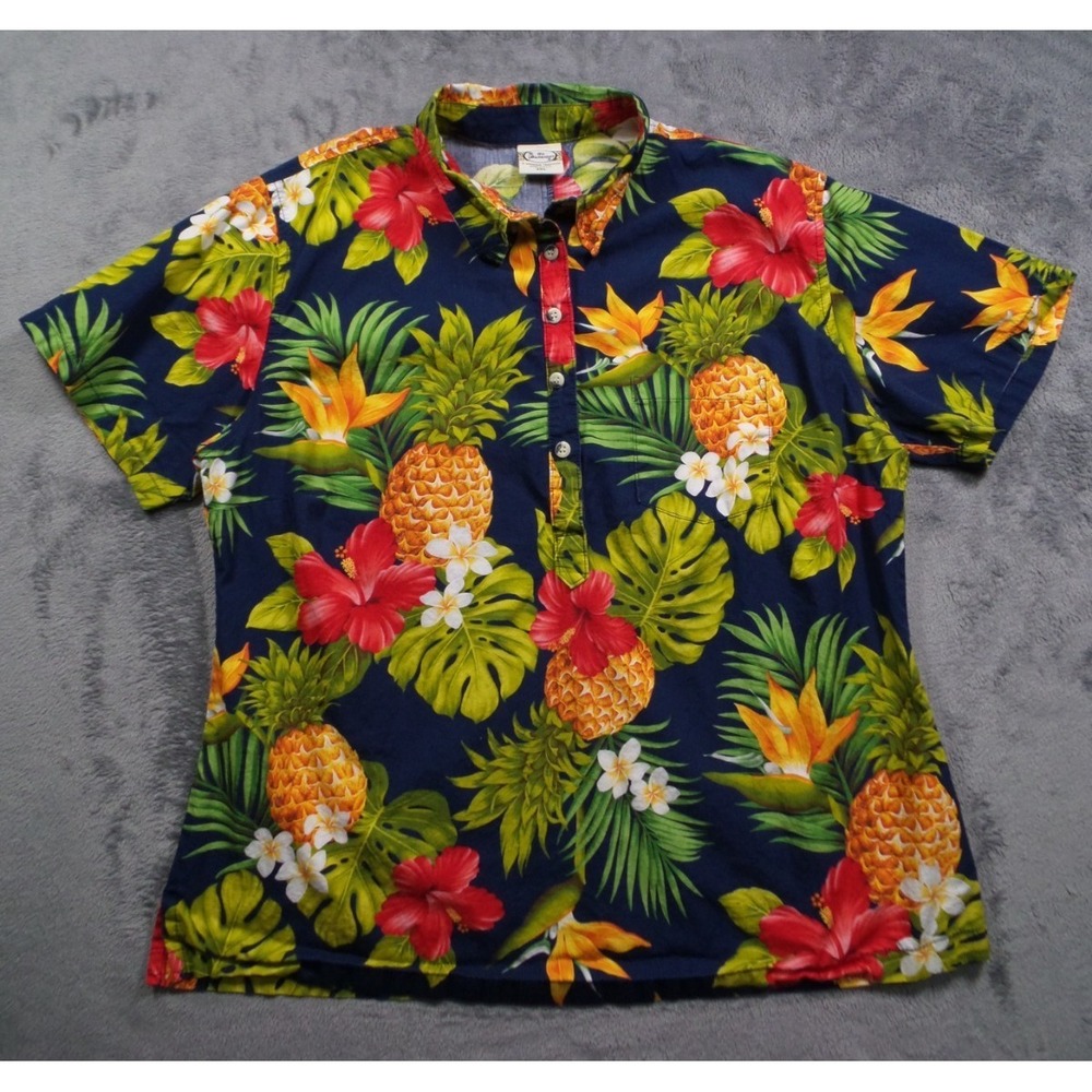 Go Barefoot Shirt Womens Size 2XL Blue Floral Hawaiian Pullover Short Sleeve USA